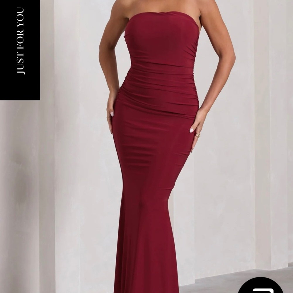 WREN BERRY RUCHED BANDEAU MAXI DRESS